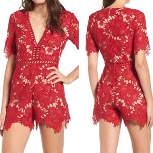 Red Lacey Deep-V Romper
